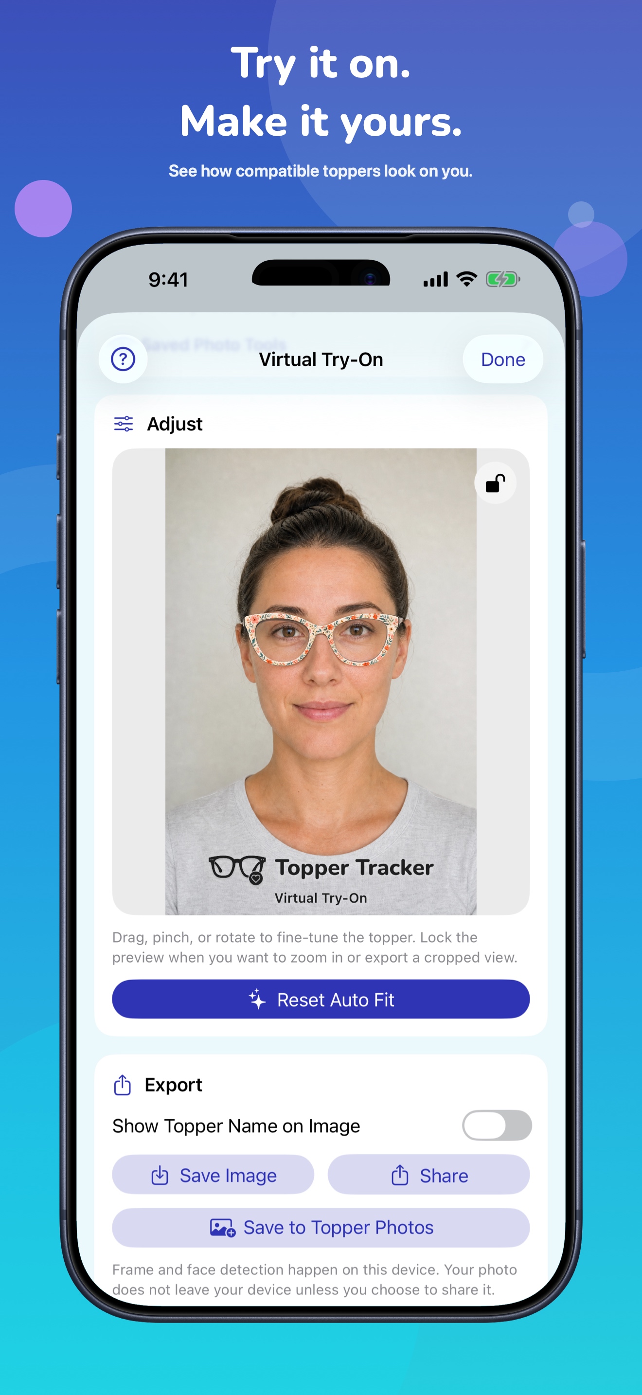 Topper Tracker Virtual Try-On shown on iPhone