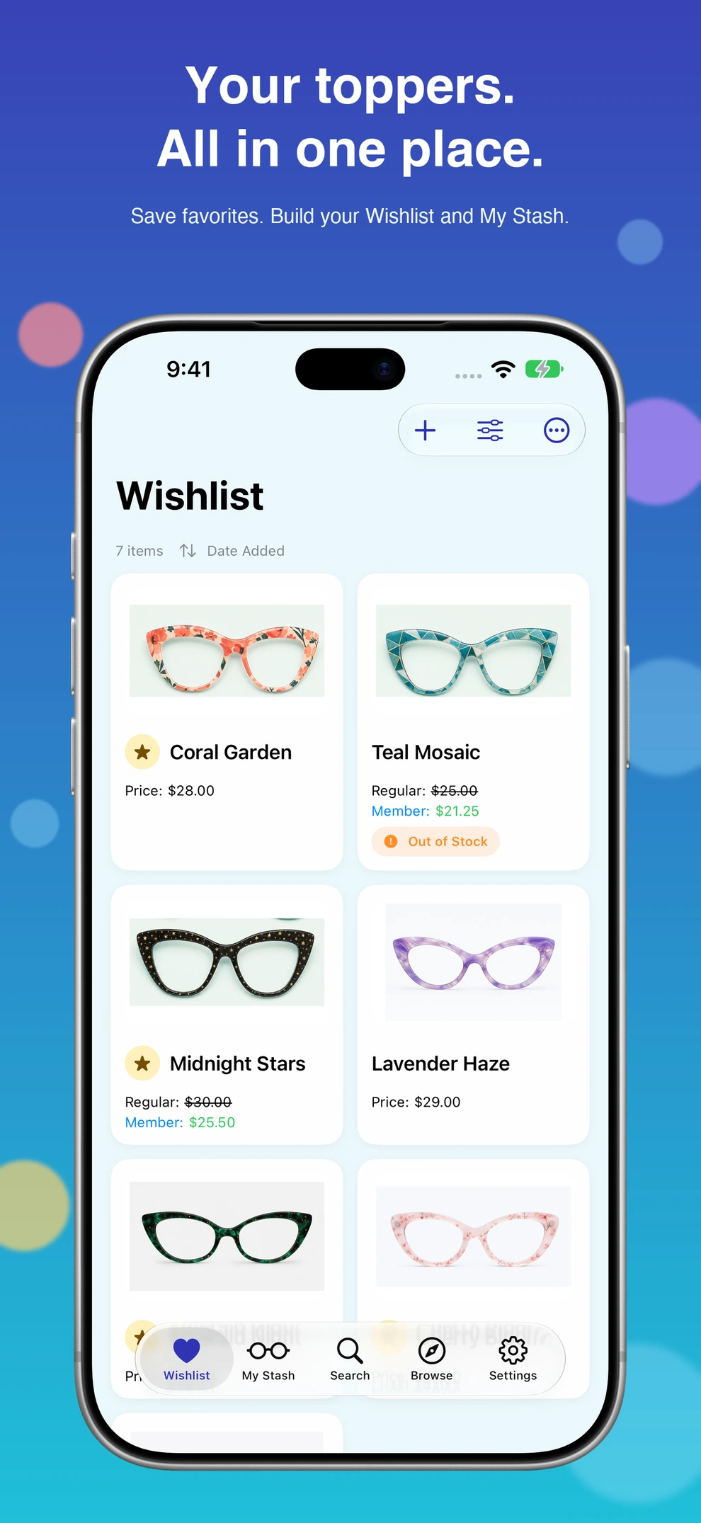 Current Wishlist with five-tab navigation on iPhone