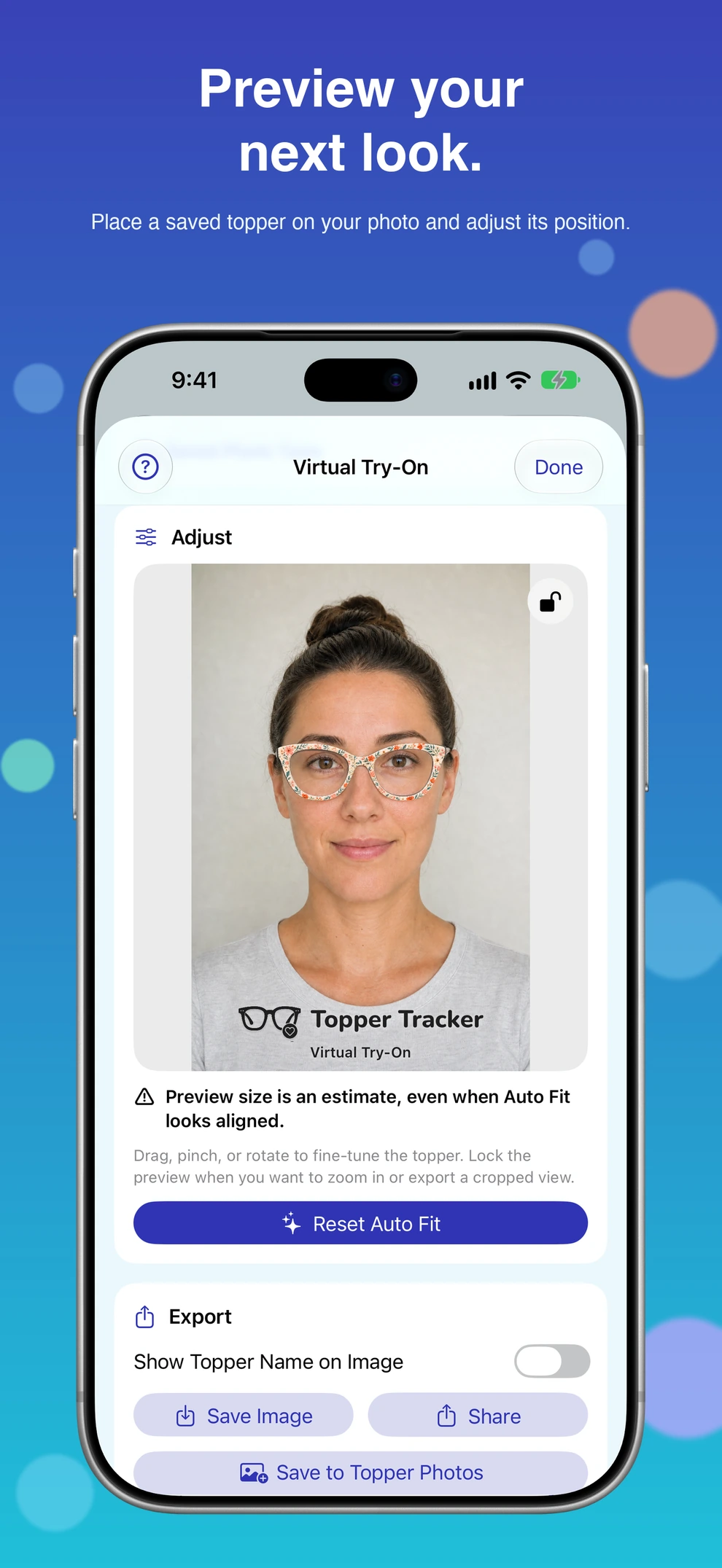 Current Virtual Try-On preview and sizing notice on iPhone